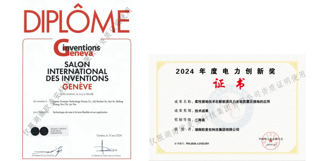 欧麦安柔性接地技术获奖证明